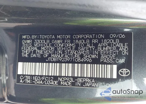 2007 Toyota Yaris z USA, uszkodzony, nr VIN JTDBT923971084996